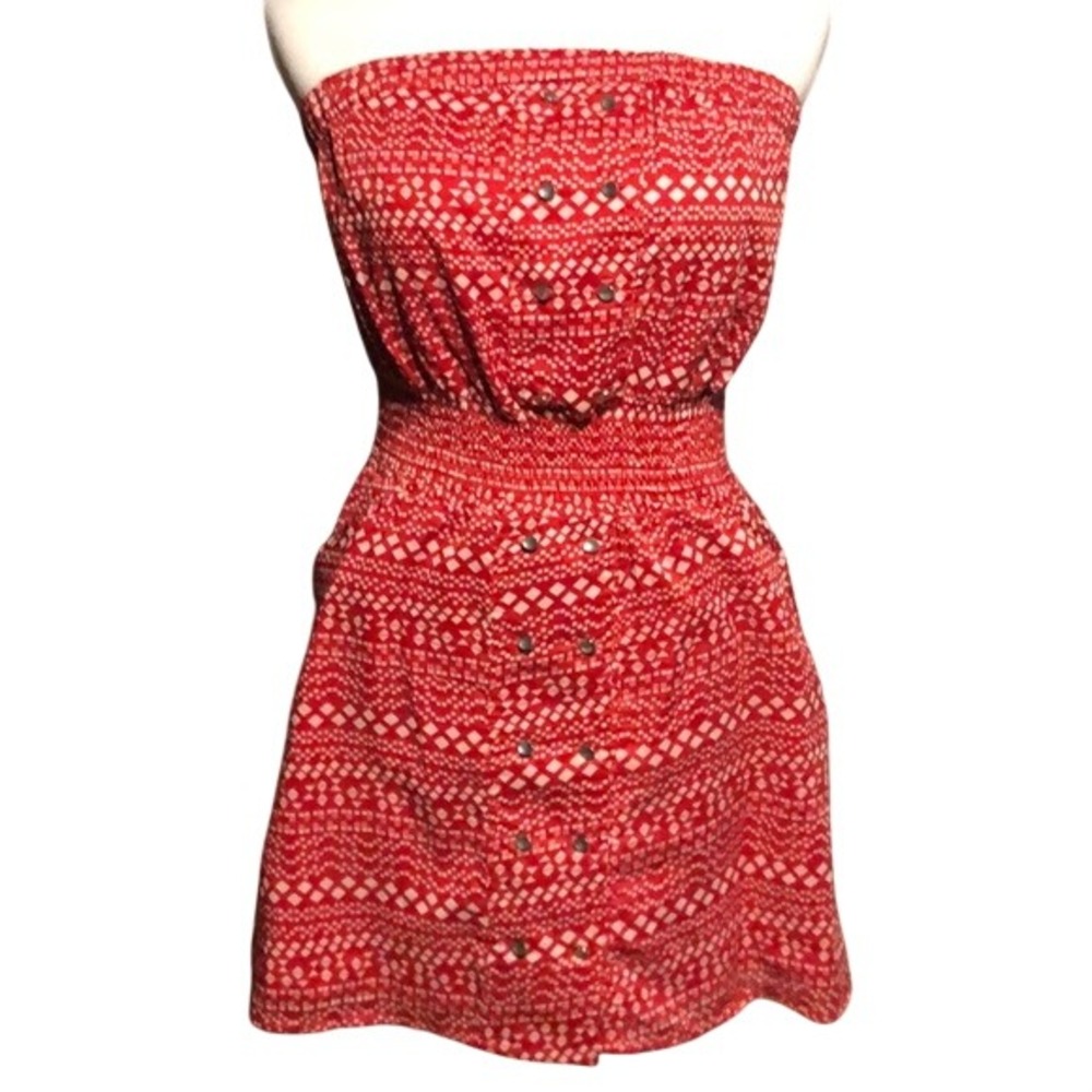 BCBGeneration Red White Geometric‎ Strapless Smocked Mini Dress Womens Medium